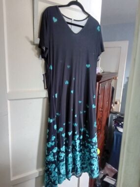 Black Maxi Dress with Teal Heart Border - V-Neck Casual Maxi